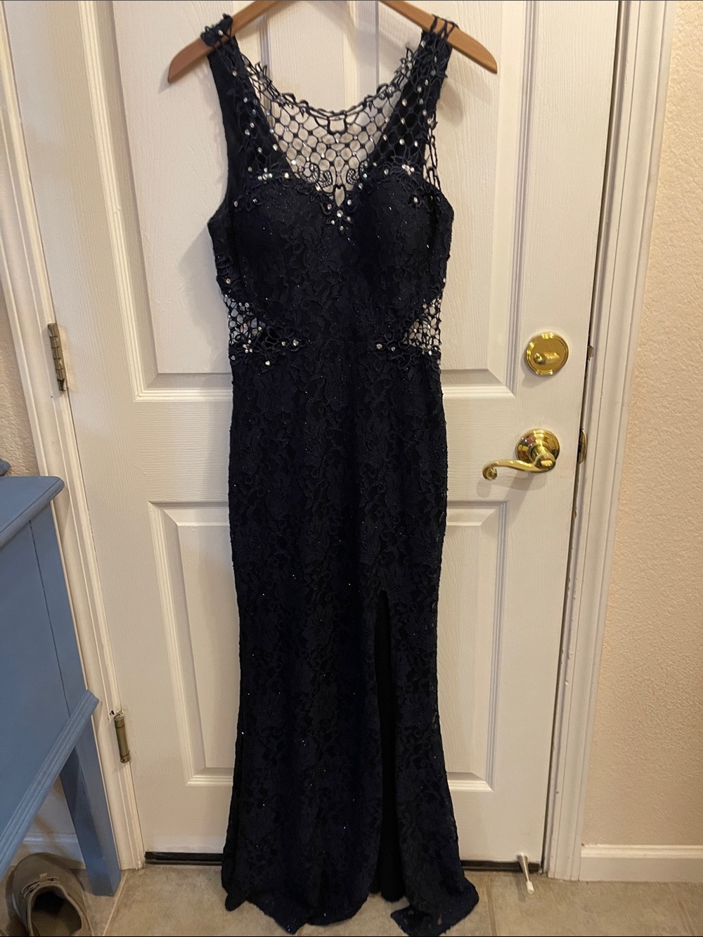 City Triangles Black Lace Evening Gown with Beaded Illusion Neckline